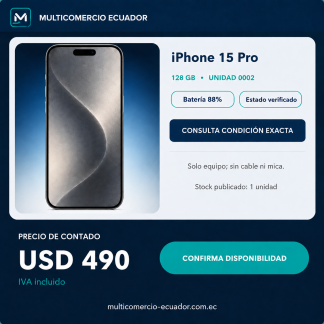 iPhone 15 Pro 128 GB, bateria 88%, precio USD 490